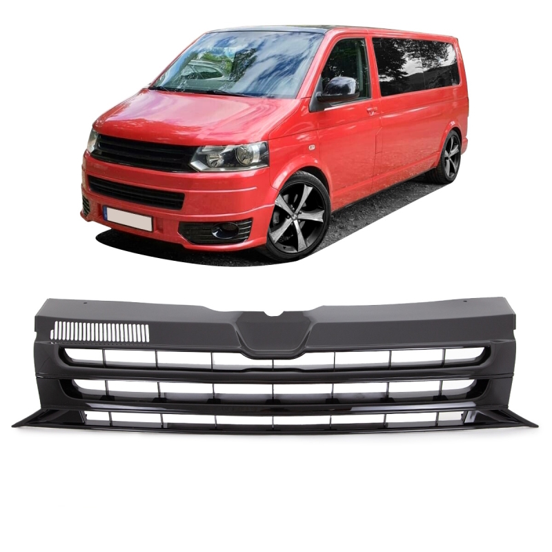 Juodos blizgios priekinės grotelės „Rink“ stiliaus, tinkančios VW T5.1 GP iki 2009-2015 be ženklelių.