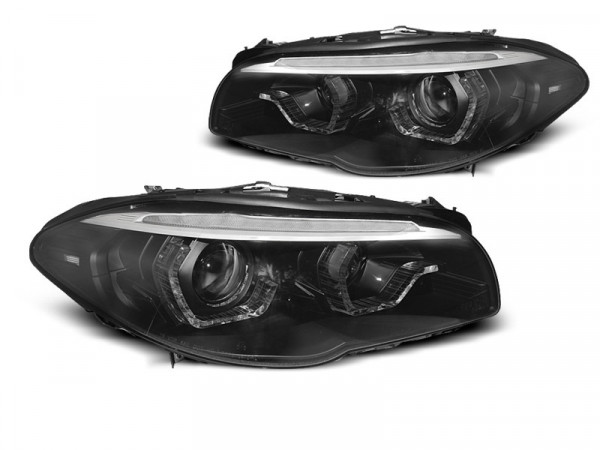 BMW F10/F11 2010-2013 ksenoniniai žibintai su Angel Eyes LED dienos žibintais, juodi