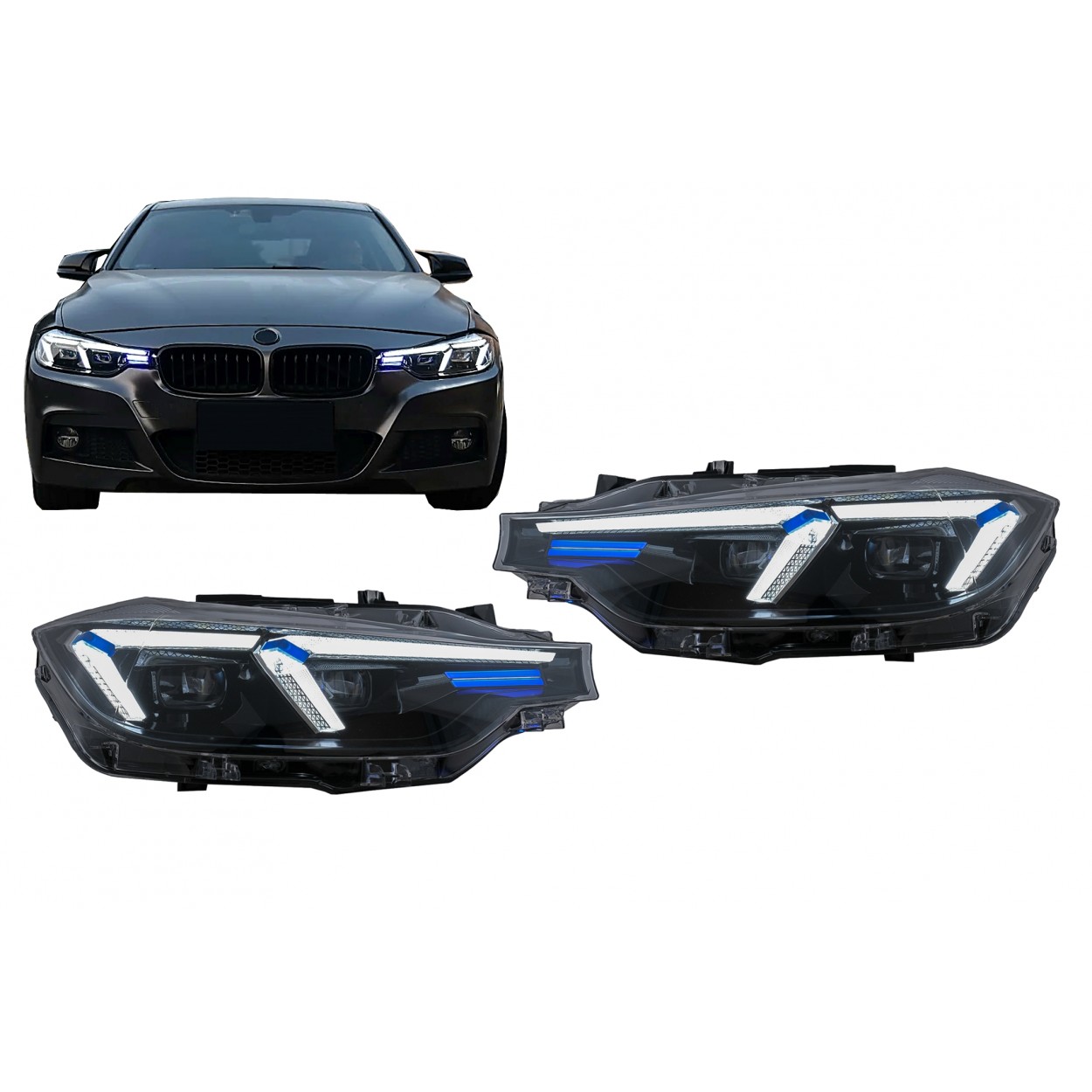 LED priekiniai žibintai, tinkantys BMW 3 serijos F30 F31 sedanui, universalui (2011-10-2015), atnaujinimui į G20 2024 dizainą.