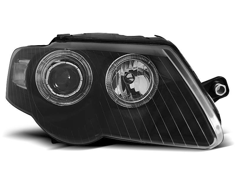 Juodi „Angel Eyes“ priekiniai žibintai VW Passat B6 3C 05-10