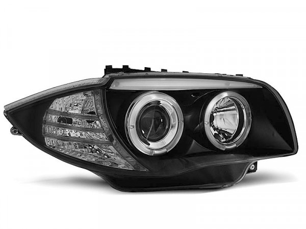 Priekiniai žibintai su angel eyes, juodi, tinka BMW 1 E87/e81/82/88 04-11