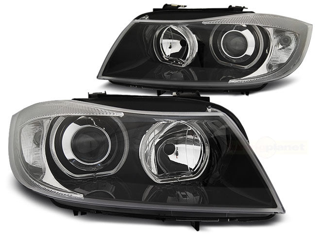 Priekiniai žibintai Angel Eyes LED juodi, tinka BMW E90/E91 05-11