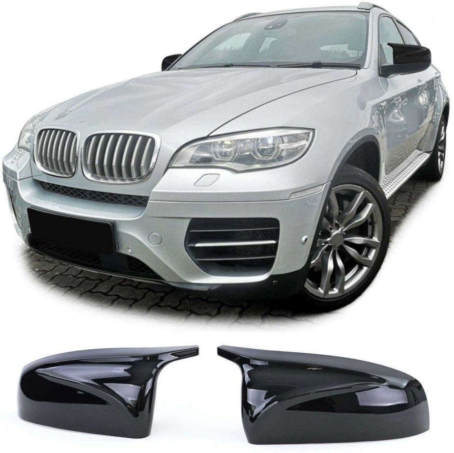 BMW X5 E70 galinio vaizdo veidrodėlių gaubtai, juodi blizgūs „Performance X5M“ sparnai