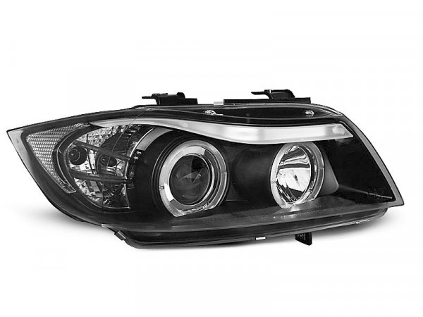 Priekiniai žibintai su angel eyes, juodi, tinka BMW E90/E91 03.05-08.08