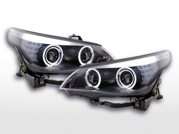 BMW 5 serijos E60/E61 metų 03–04 metų juodo chromo „Angel Eye“ priekinis žibintas su LED ksenonais, RHD