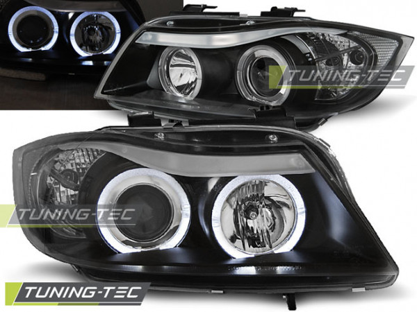 Priekiniai žibintai su angel eyes, juodi, tinka BMW E90/E91 03.05-08.08