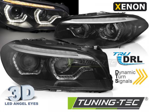 BMW F10/F11 2010-2013 ksenoniniai žibintai su Angel Eyes LED dienos žibintais, juodi
