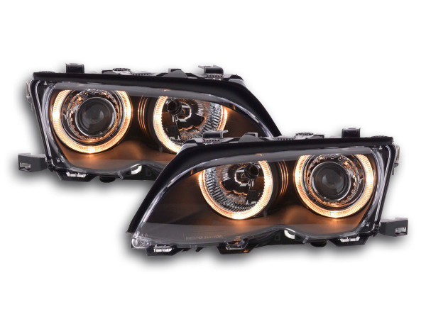 BMW 3 serijos E46 sedano (01–03 m.) juodi „Angel Eye“ priekiniai žibintai