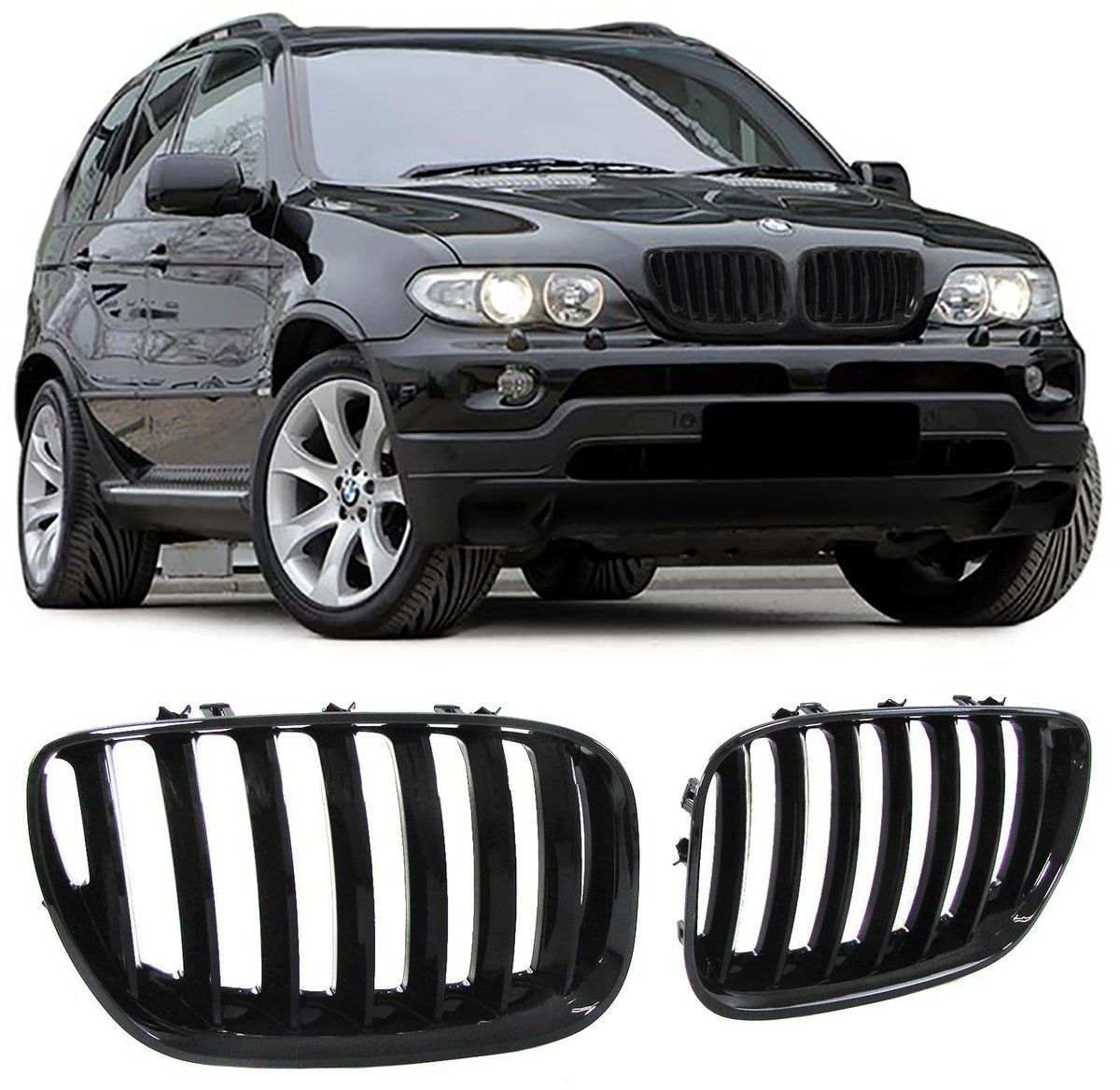 Priekinės juodos blizgios grotelės BMW X5 E53 LCI 04-06