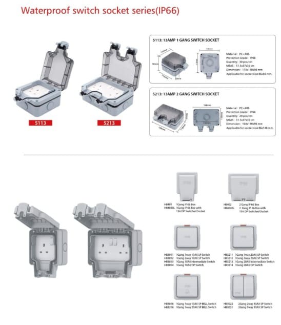 Waterproof switch socket IP66.