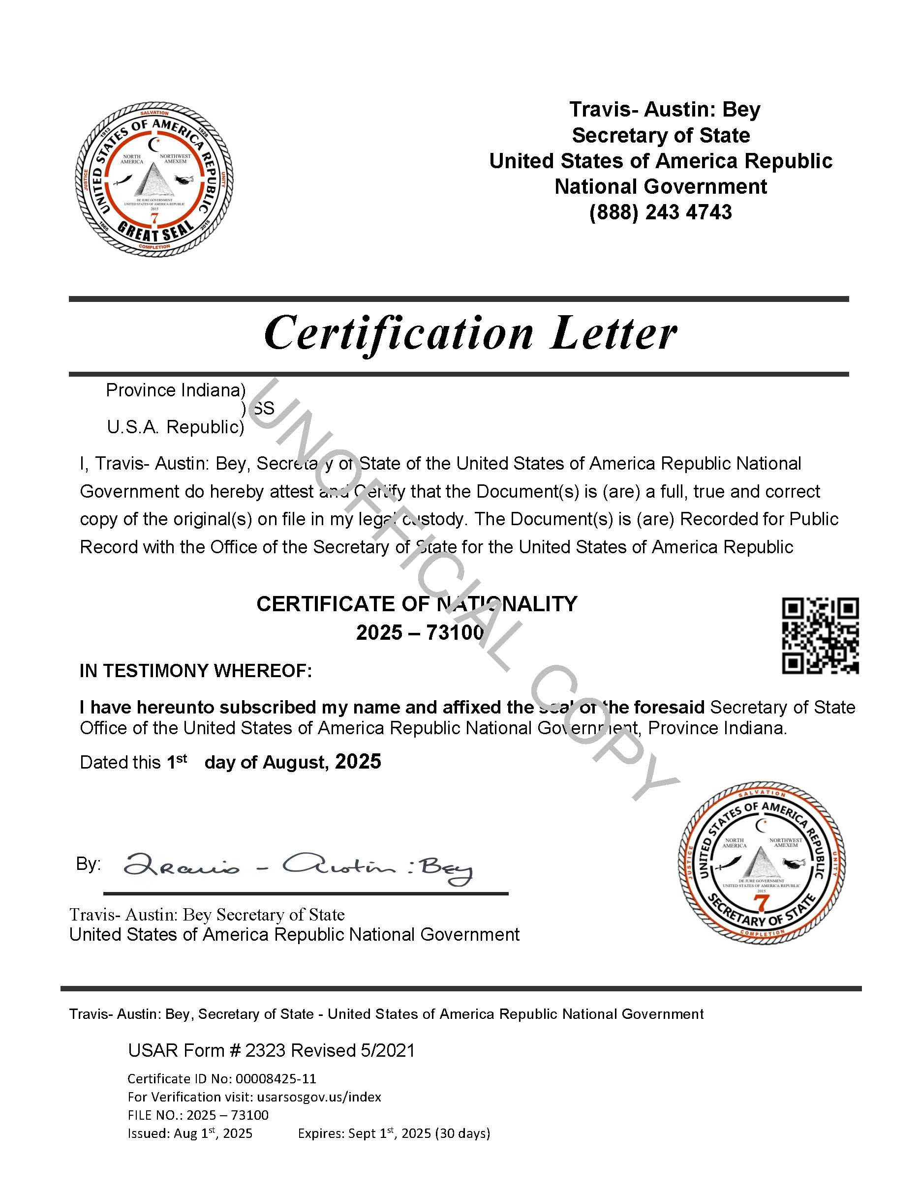 CERTIFICATE OF NATIONALITY  ---  FILE NO: 2025 – 73100