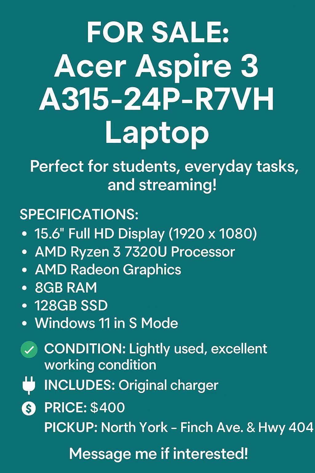 Acer Aspire 3 A315-R7VH Laptop **PICKUP ONLY**