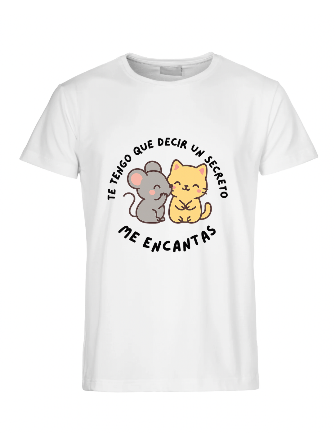 Camiseta con mensaje y dibujos de ratón y gato