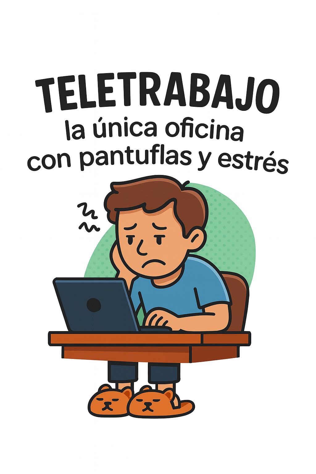 Teletrabajo – Oficina con pantuflas y estrés