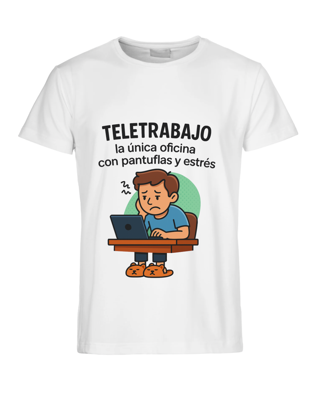 Teletrabajo – Oficina con pantuflas y estrés