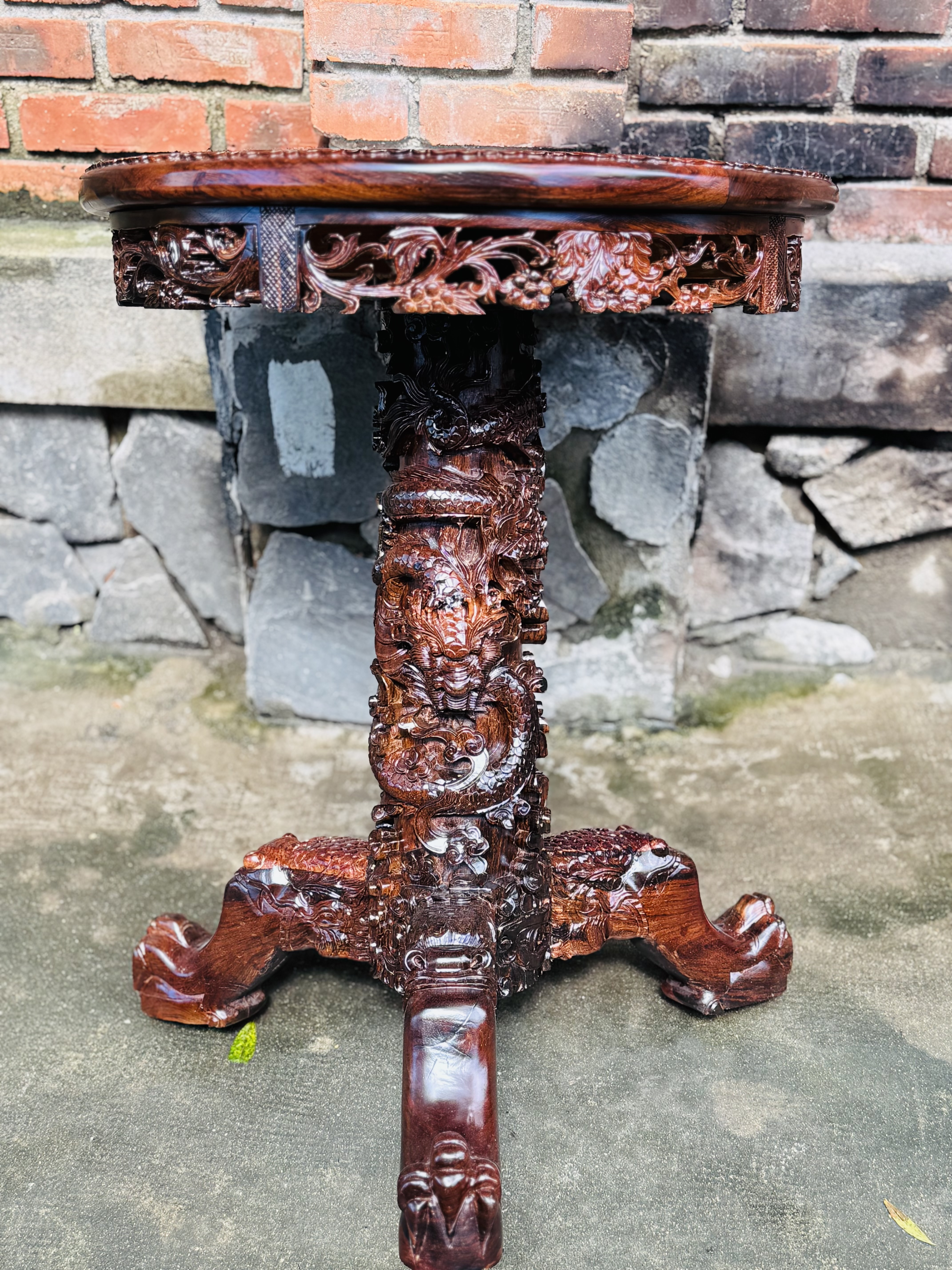 Huong Burl Wood Table with Hand-Carved Asian Dragon