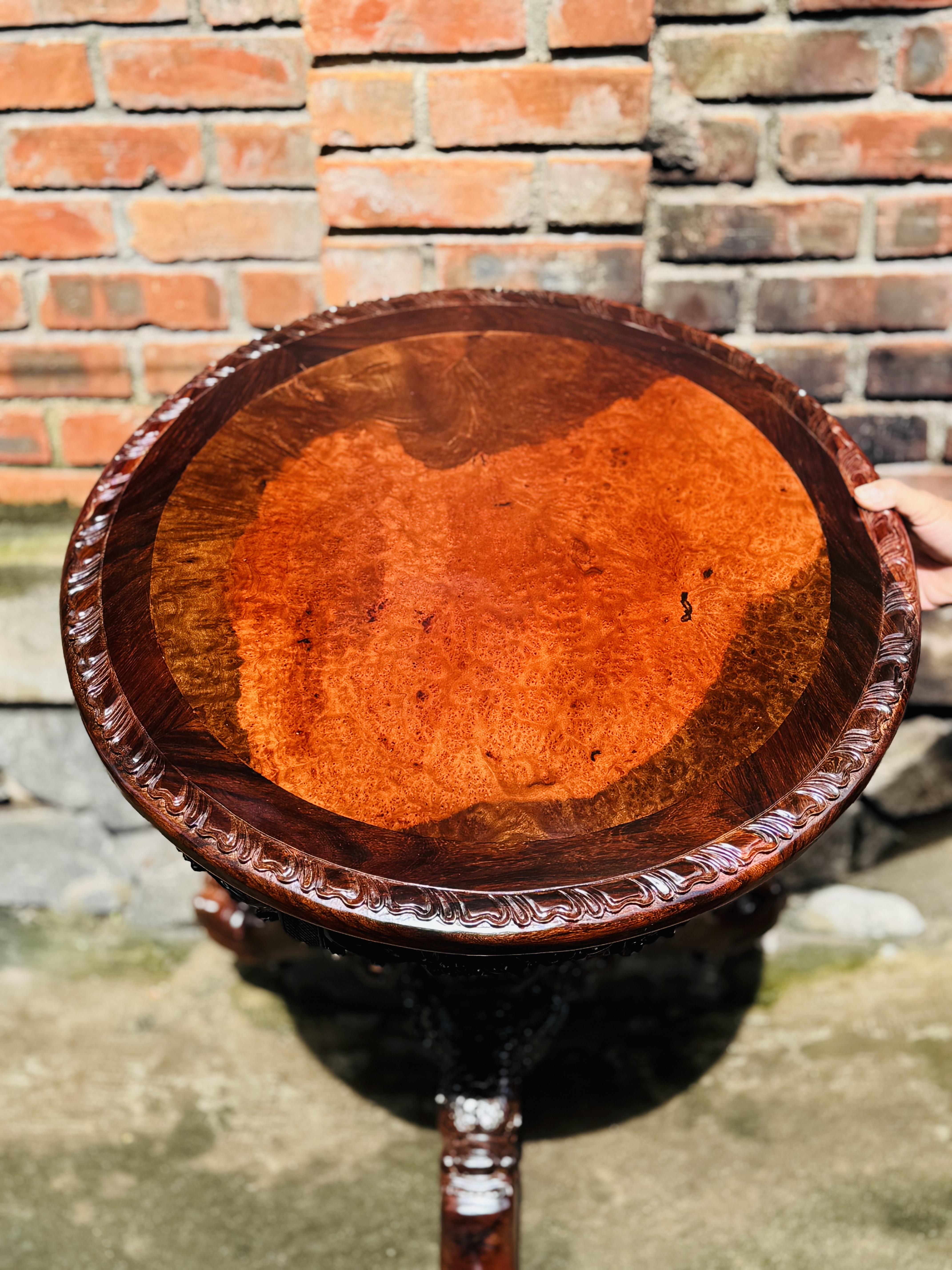 Huong Burl Wood Table with Hand-Carved Asian Dragon
