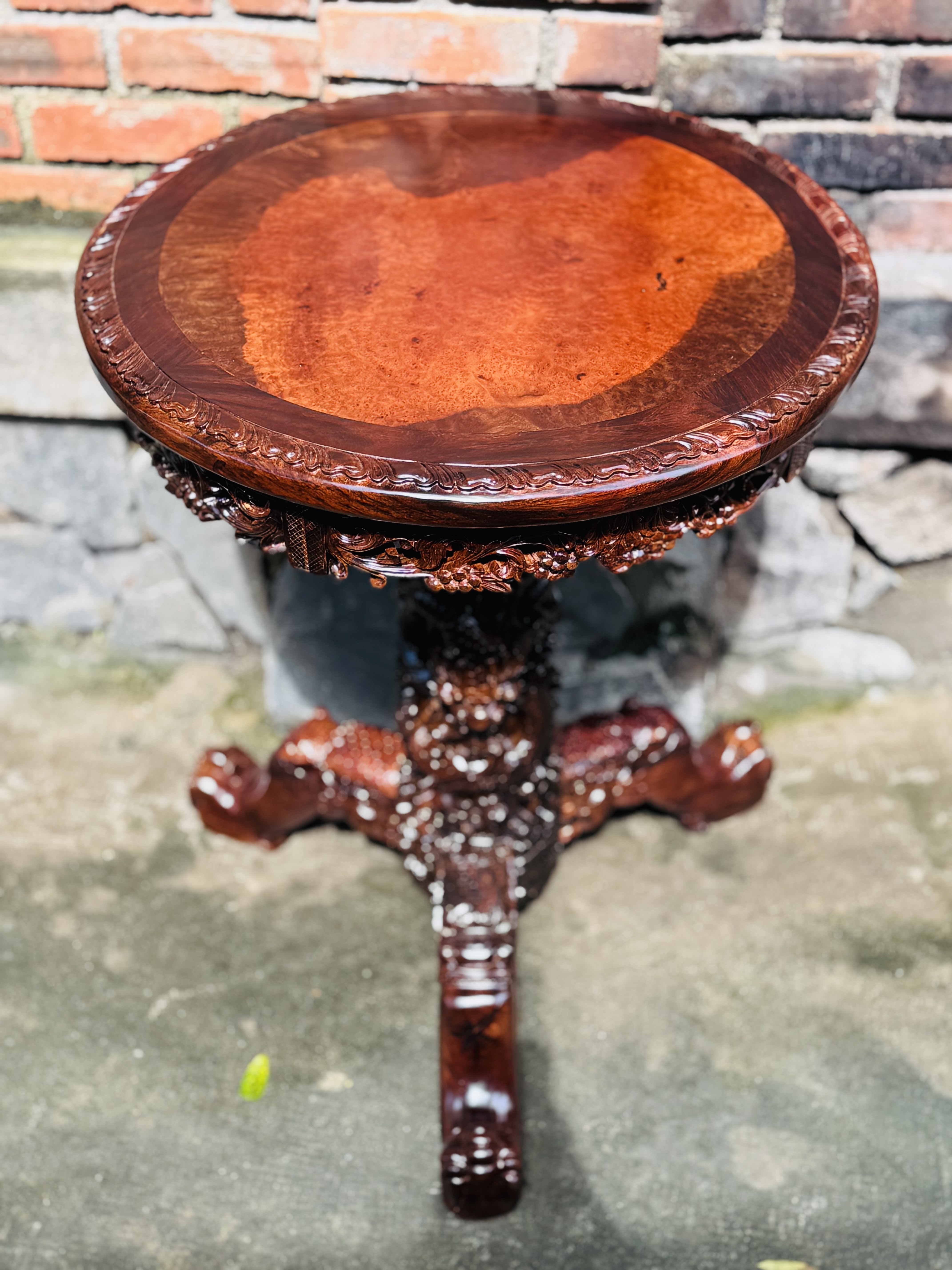Huong Burl Wood Table with Hand-Carved Asian Dragon