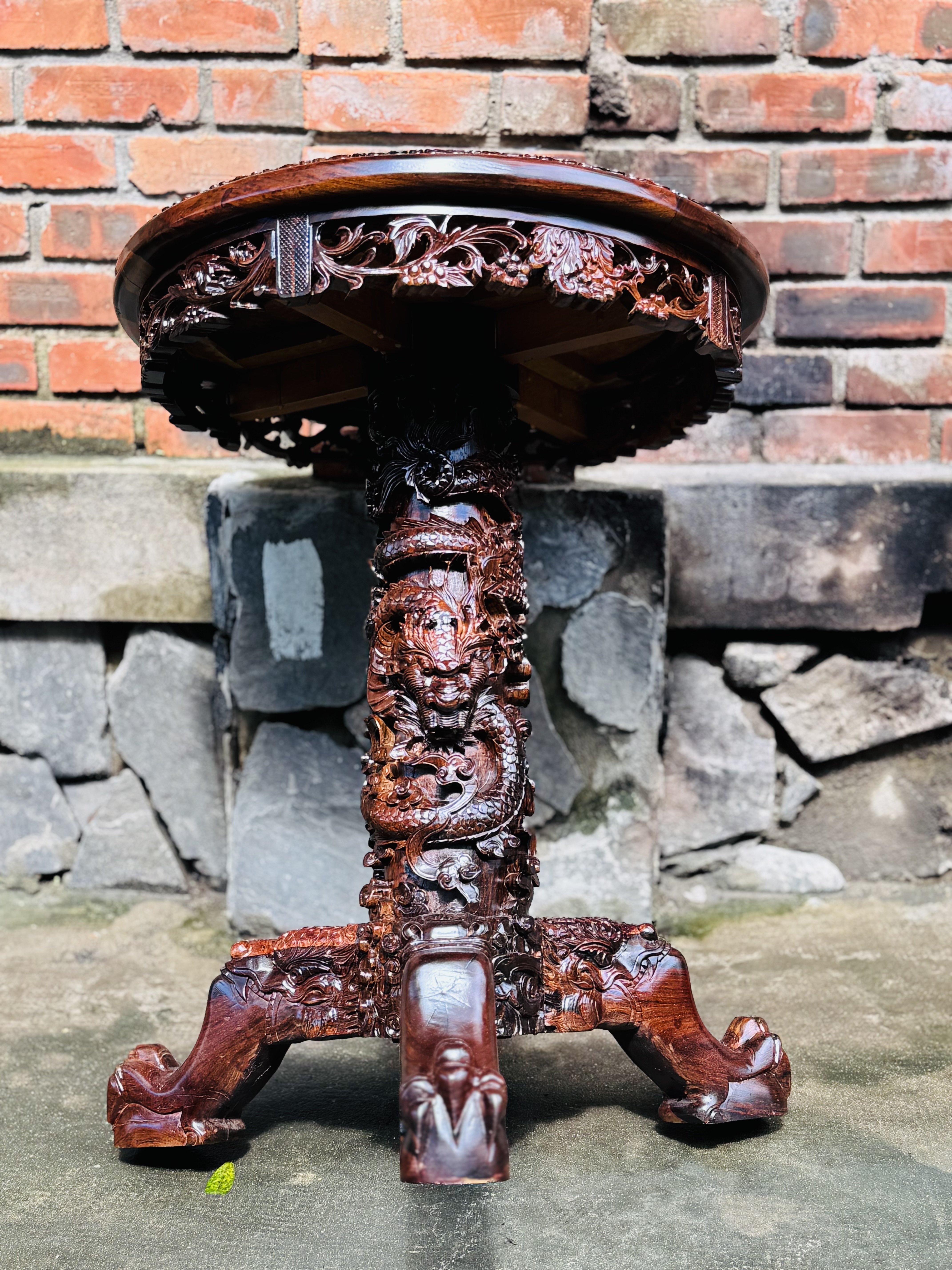 Huong Burl Wood Table with Hand-Carved Asian Dragon