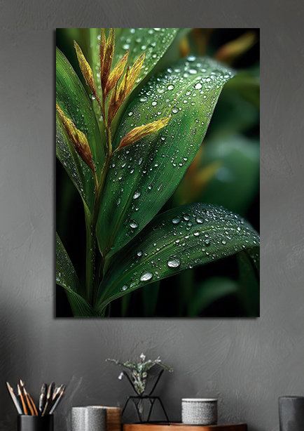 Affiche botanique - Feuille avec gouttes de rosée