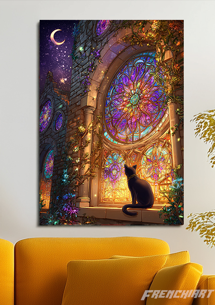 Affiche murale vitrail féérique avec chat