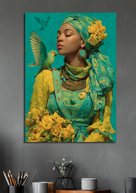 Tableau femme exotique et perroquet