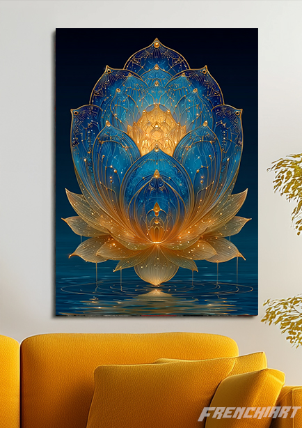 Toile Fleur de Lotus Bleu et Or