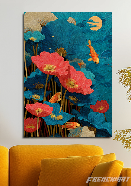 Tableau décoratif fleurs et carpes