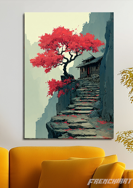Tableau mural arbre rouge et maison japonaise
