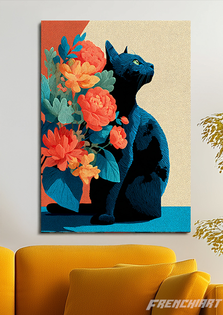 Tableau Chat Noir et Fleurs
