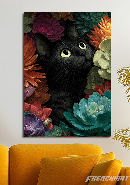 Tableau mural chat noir et fleurs colorées