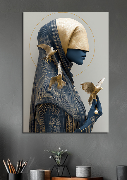 Tableau moderne femme et oiseaux dorés