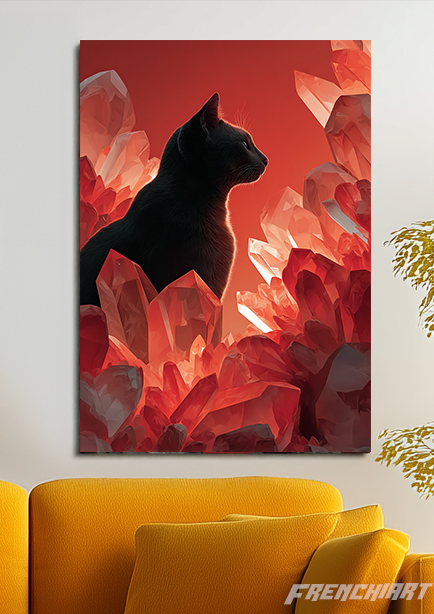 Tableau Chat Noir et Cristaux Rouges