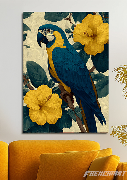 Tableau perroquet et fleurs jaunes