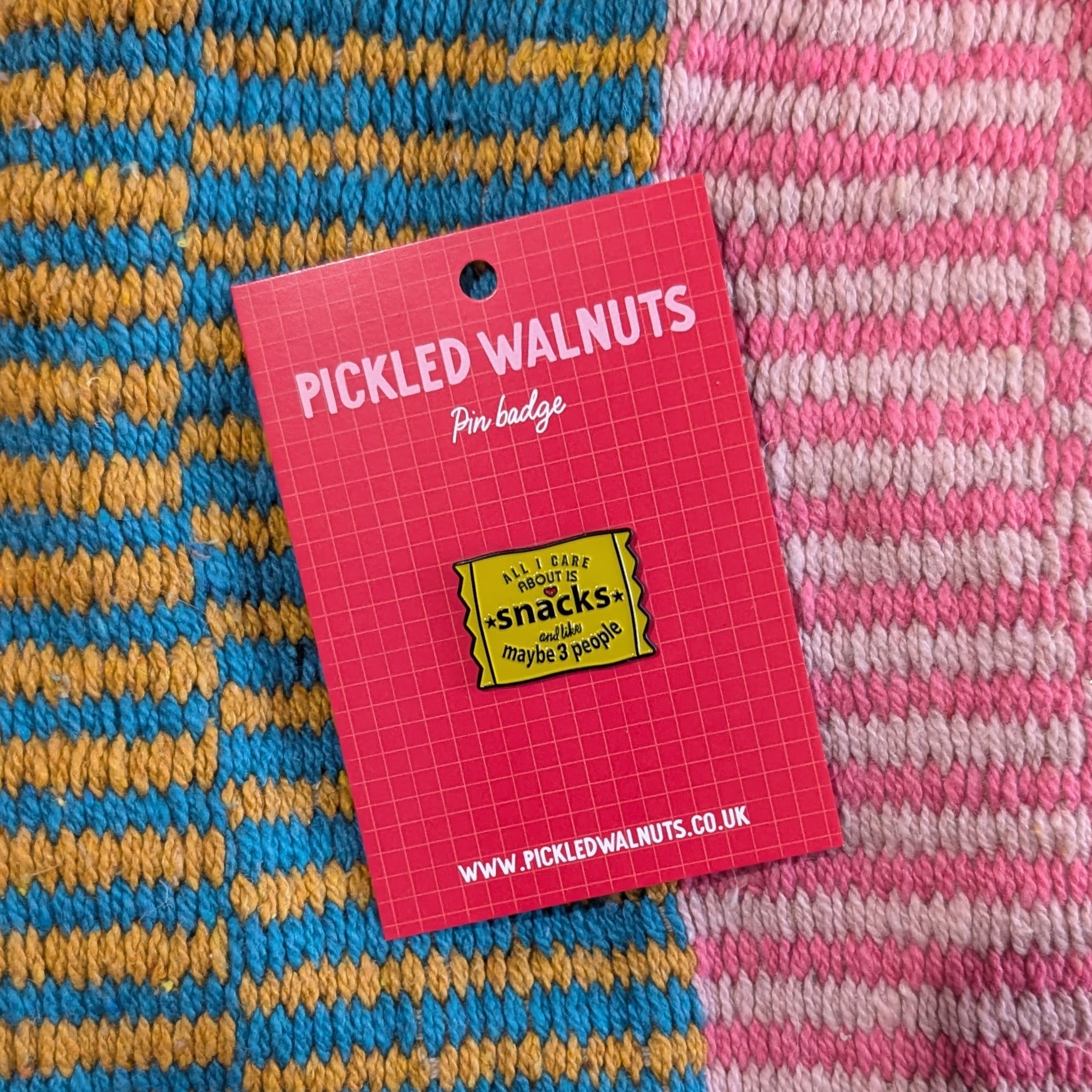 'All I care about is snacks and likes maybe 3 people' pin badge