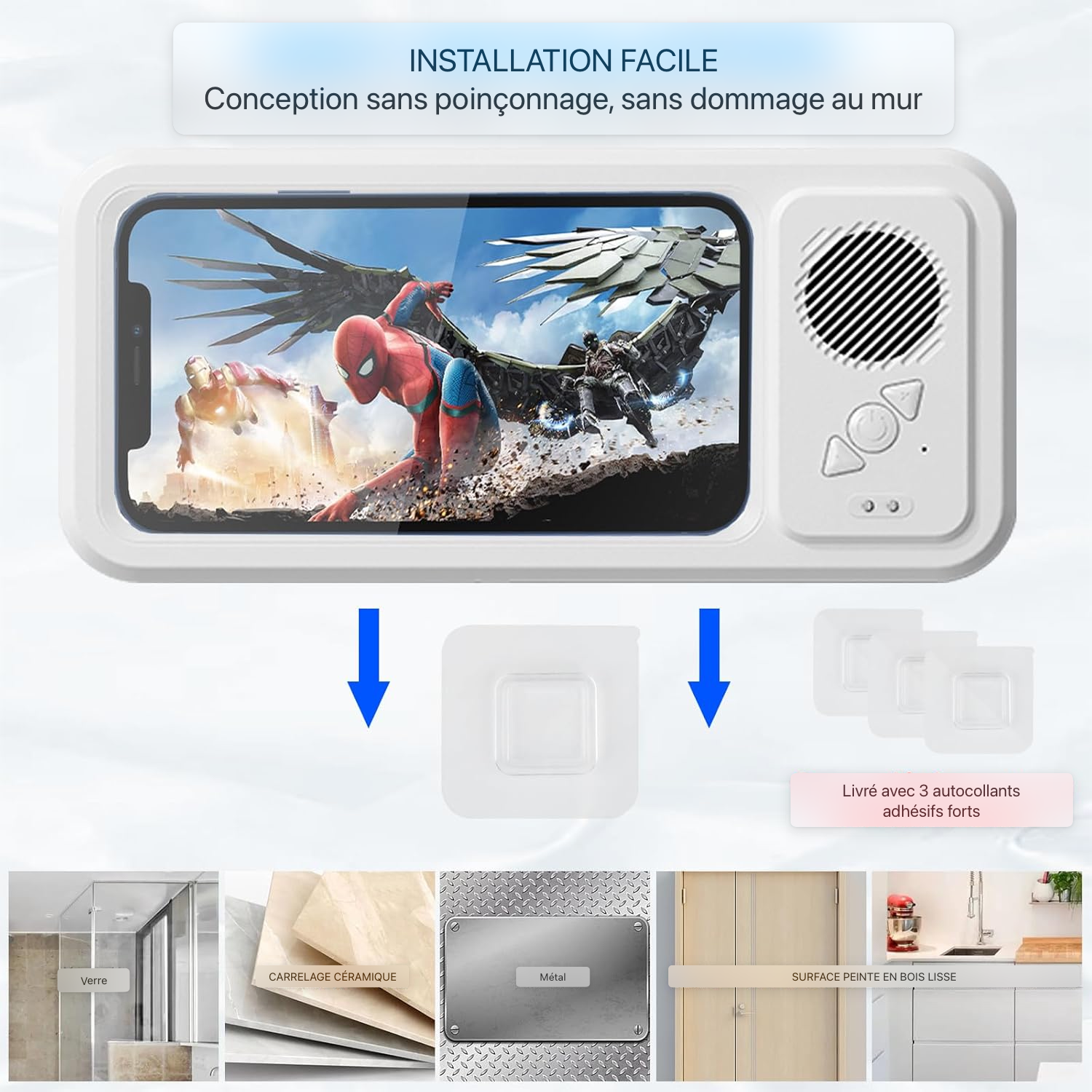 Support de téléphone de douche avec haut-parleur Bluetooth sans fil - Rotation 480 étanche