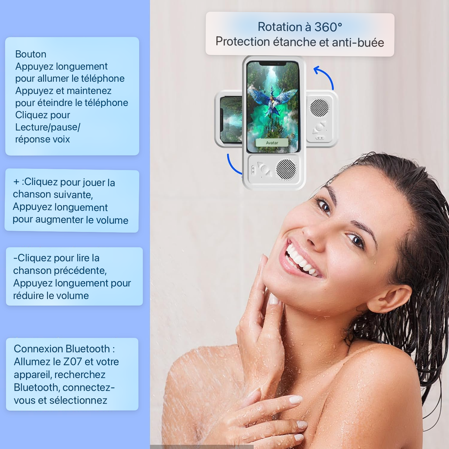 Support de téléphone de douche avec haut-parleur Bluetooth sans fil - Rotation 480 étanche