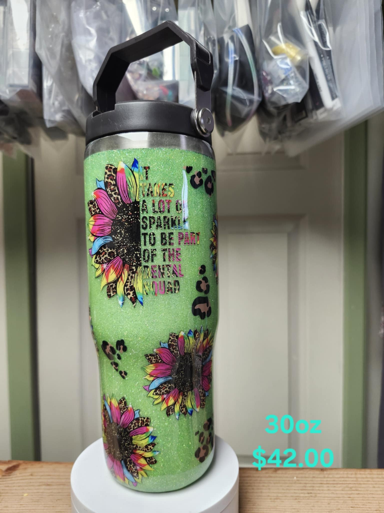 Green Glitter Sunflower Tumbler