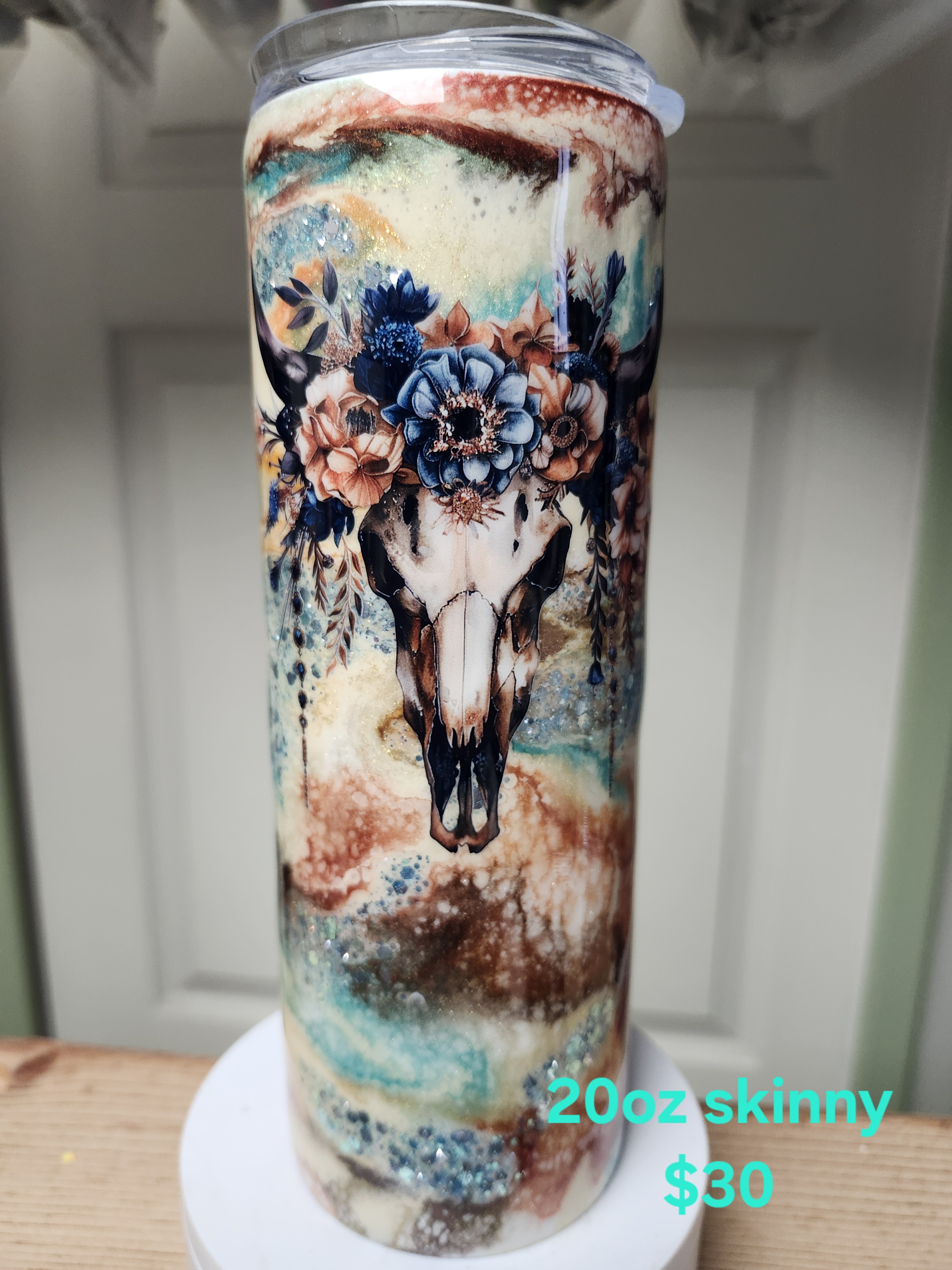 Floral Steer Skull 20oz Skinny Tumbler