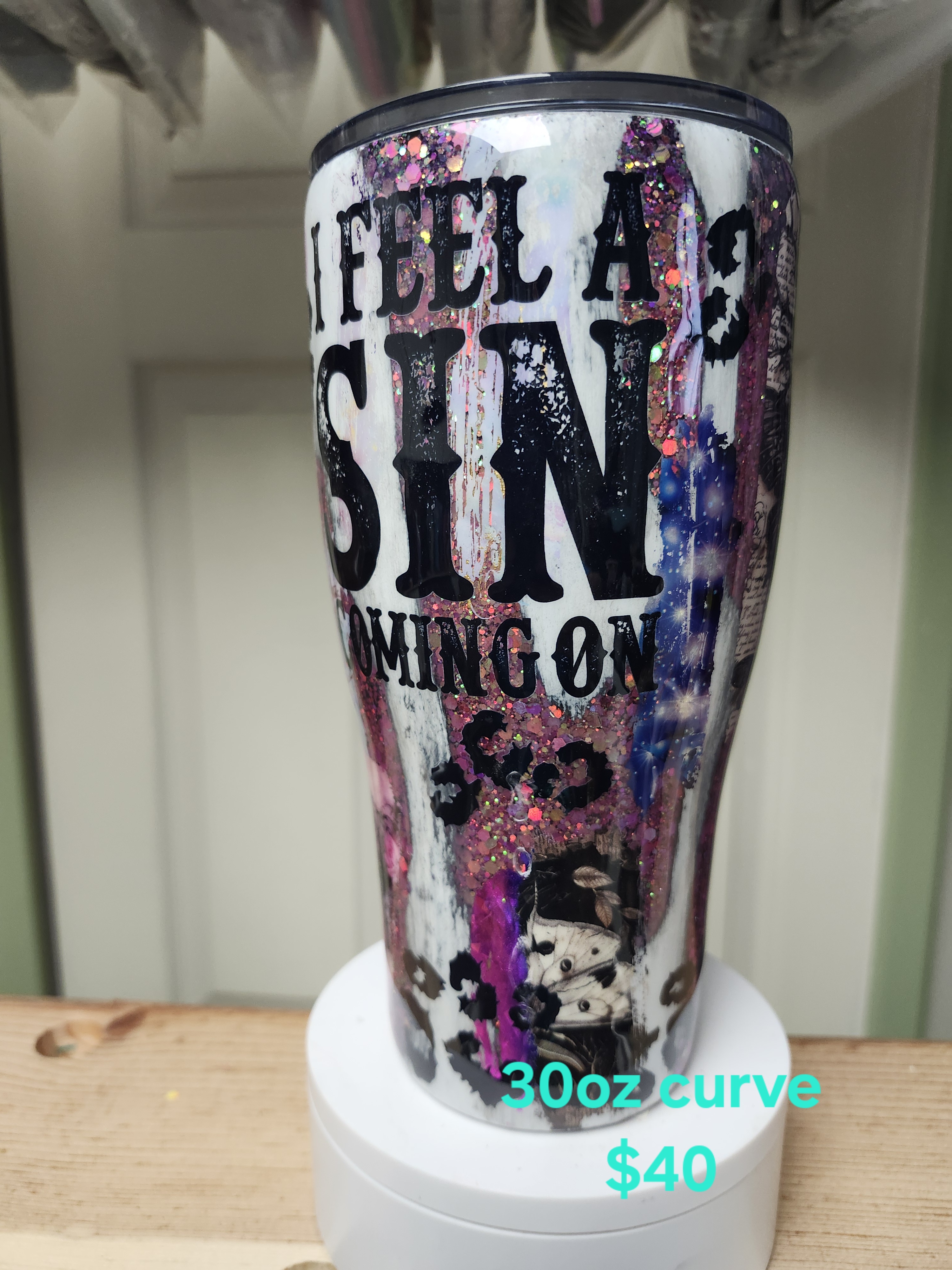 Glittered 'Sin Coming On' Tumbler