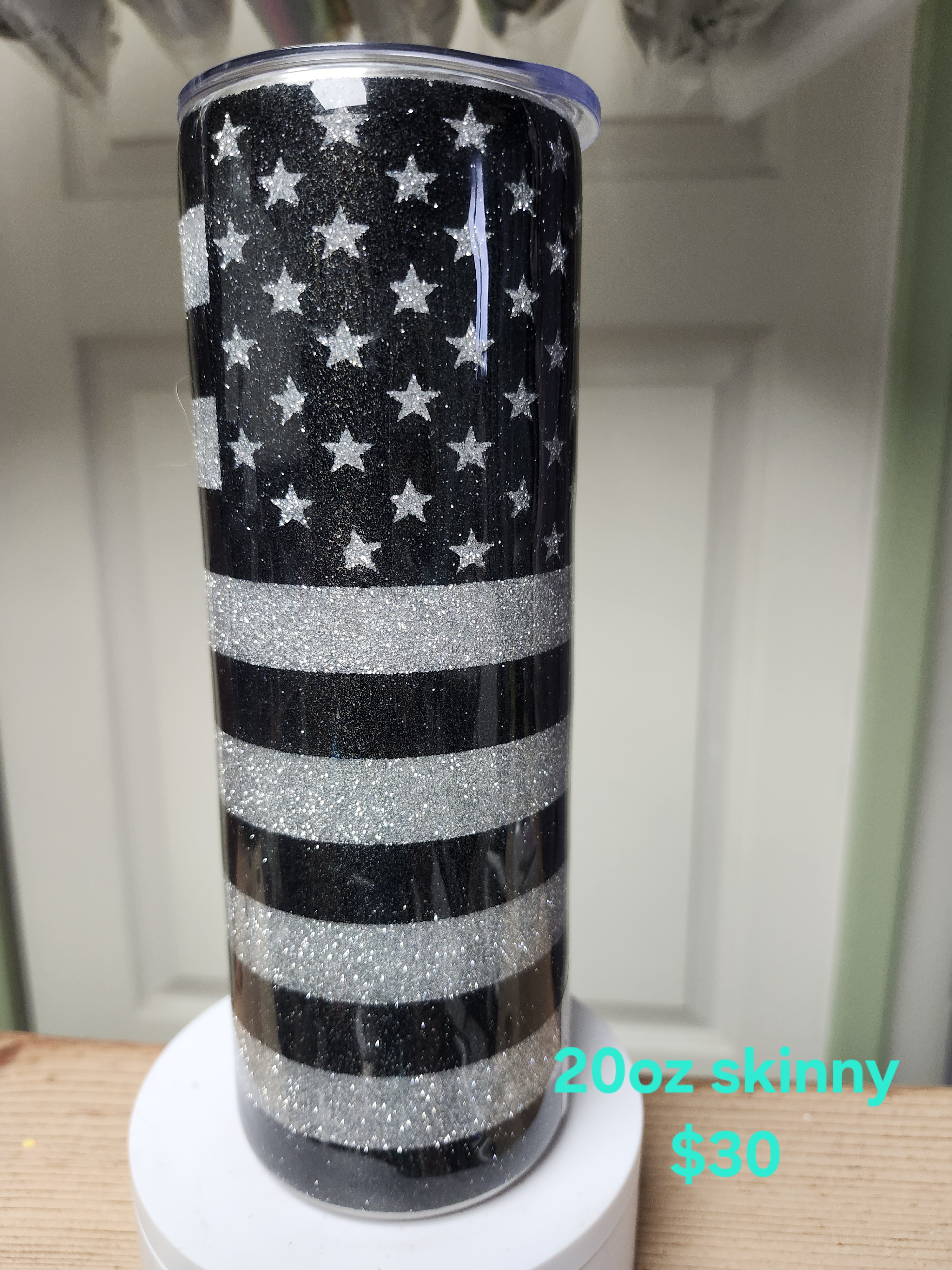 Black Glitter American Flag 20oz Skinny Tumbler