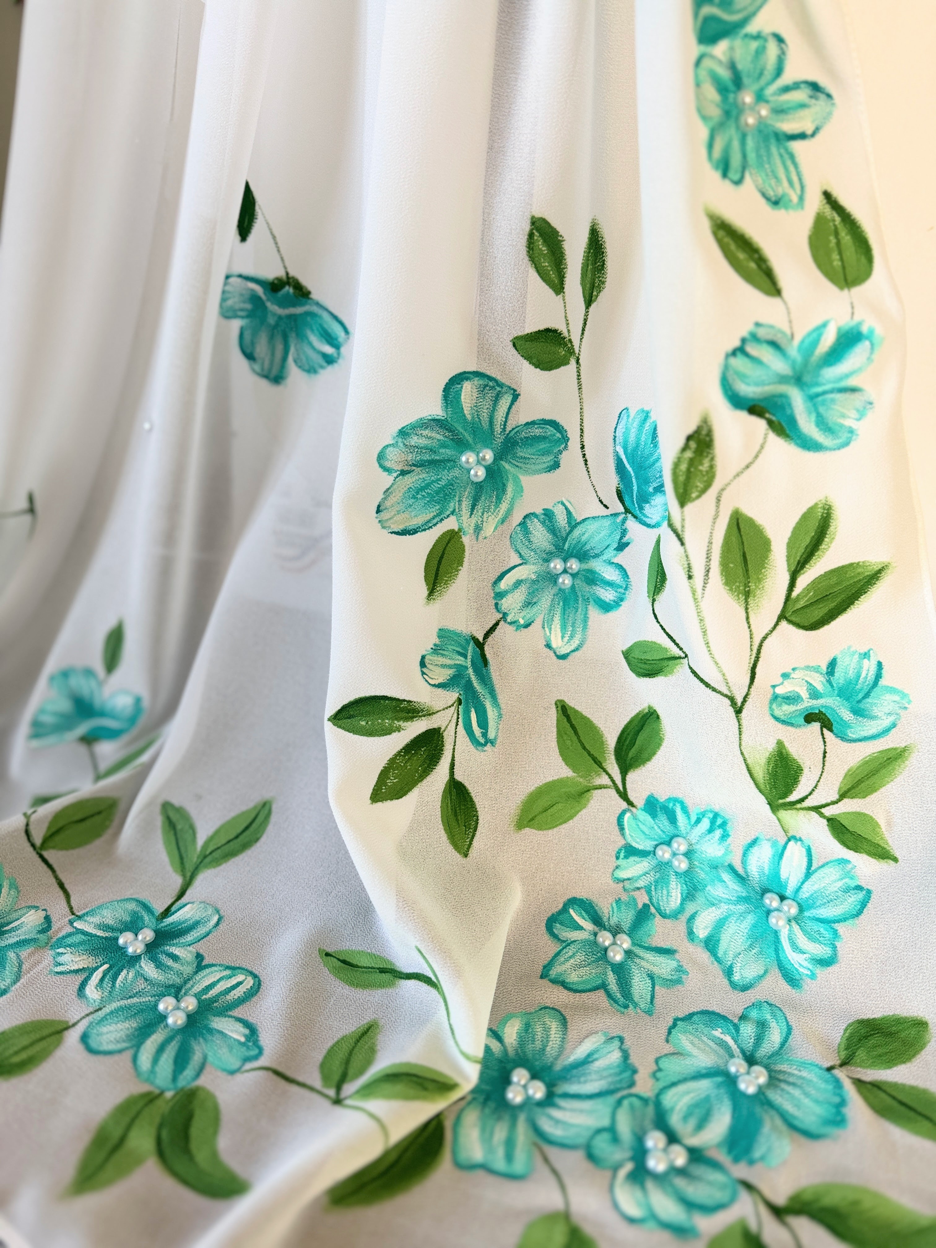 Hand-Painted Elegant White Scarf  Embellished with Beads