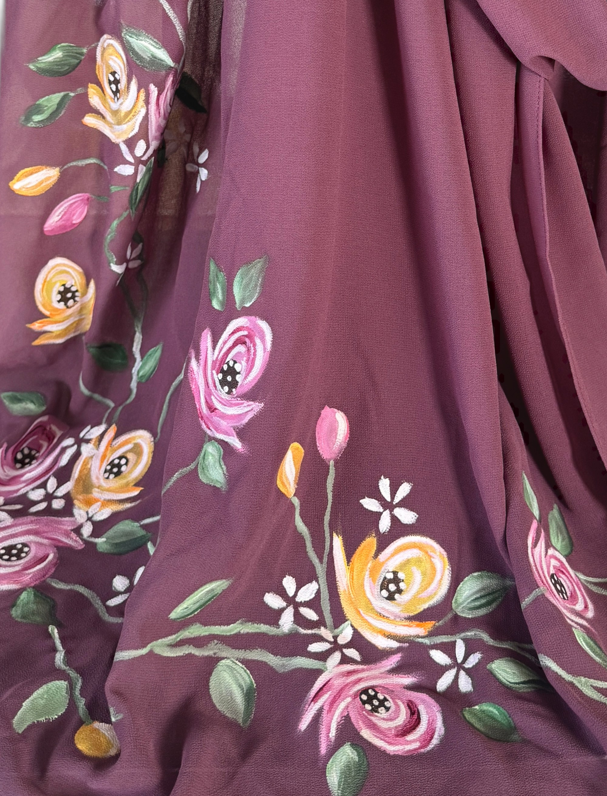 Hand-Painted Chiffon Scarf Mauve,  Maroon & Sliver in Georgette