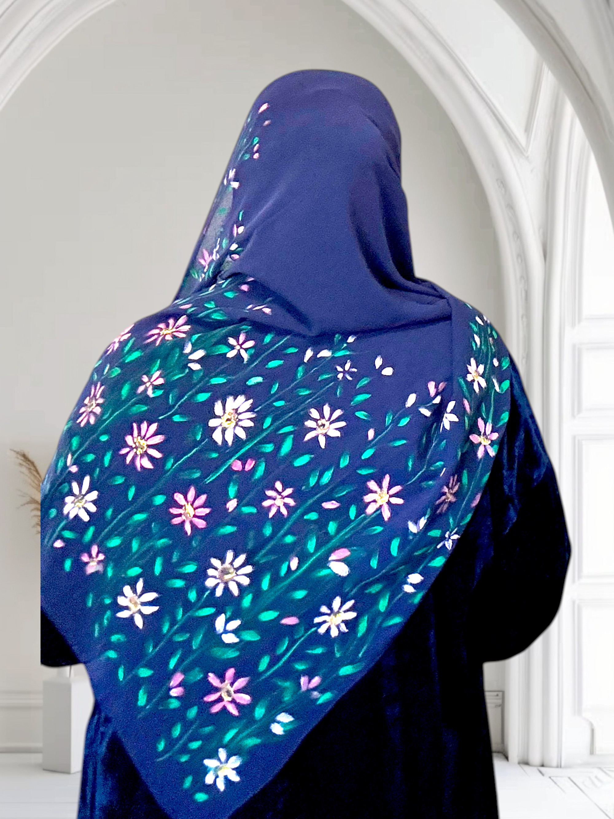 Hand-Painted Blue Hijab with Pink Daisies