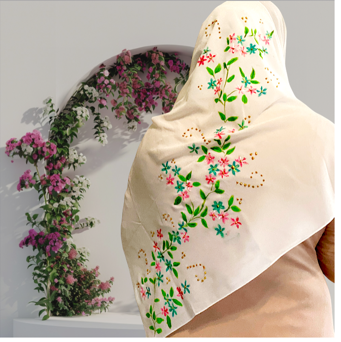 Hand-Painted White Chiffon Hijab Available in White and Off White