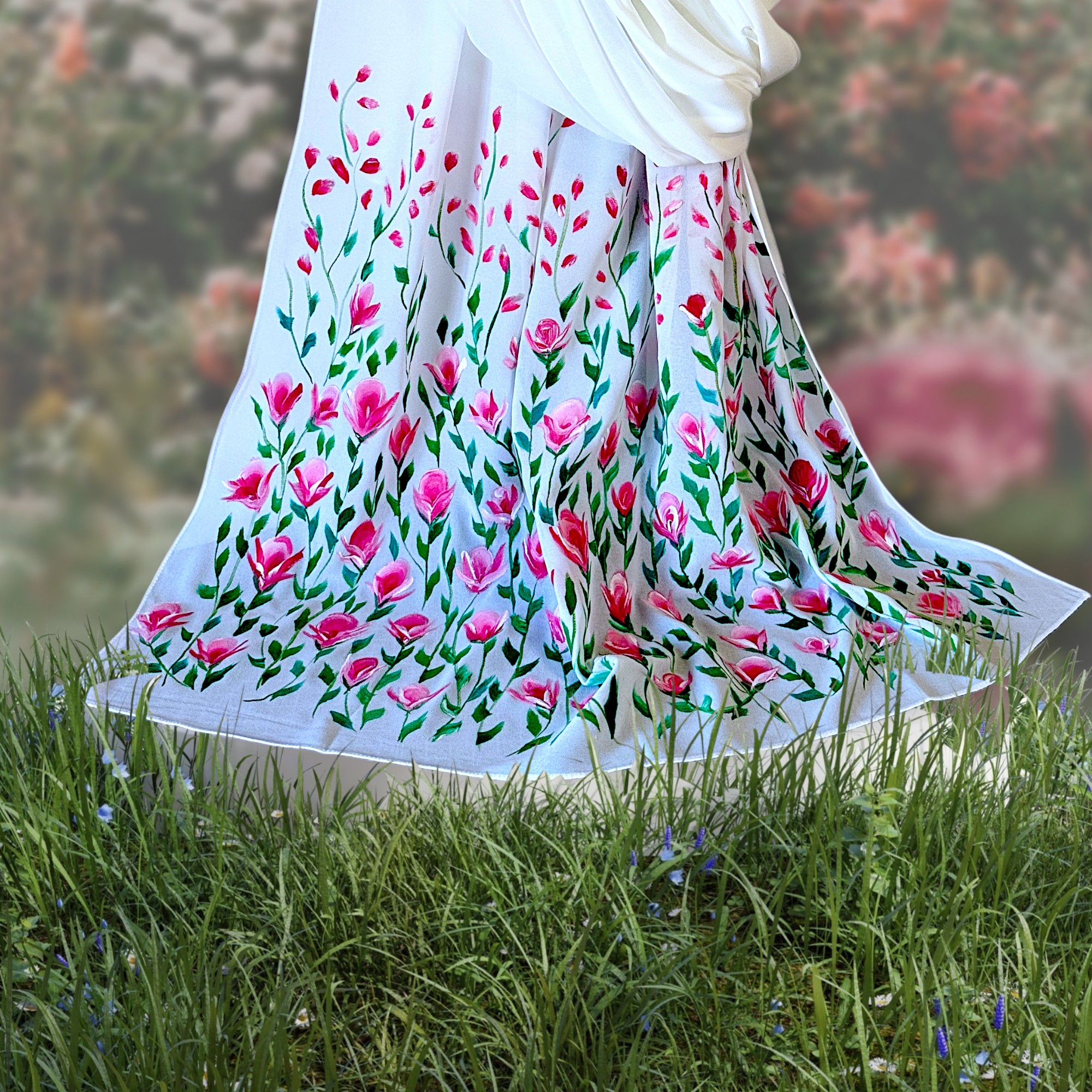 White Hand-painted Chiffon Hijab 