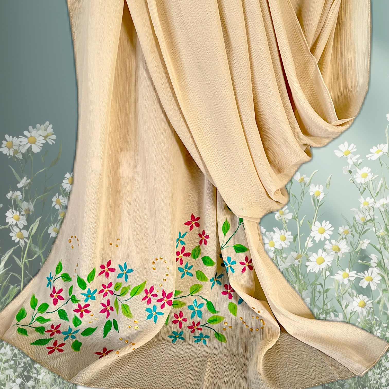 Hand-Painted White Chiffon Hijab Available in White and Off White