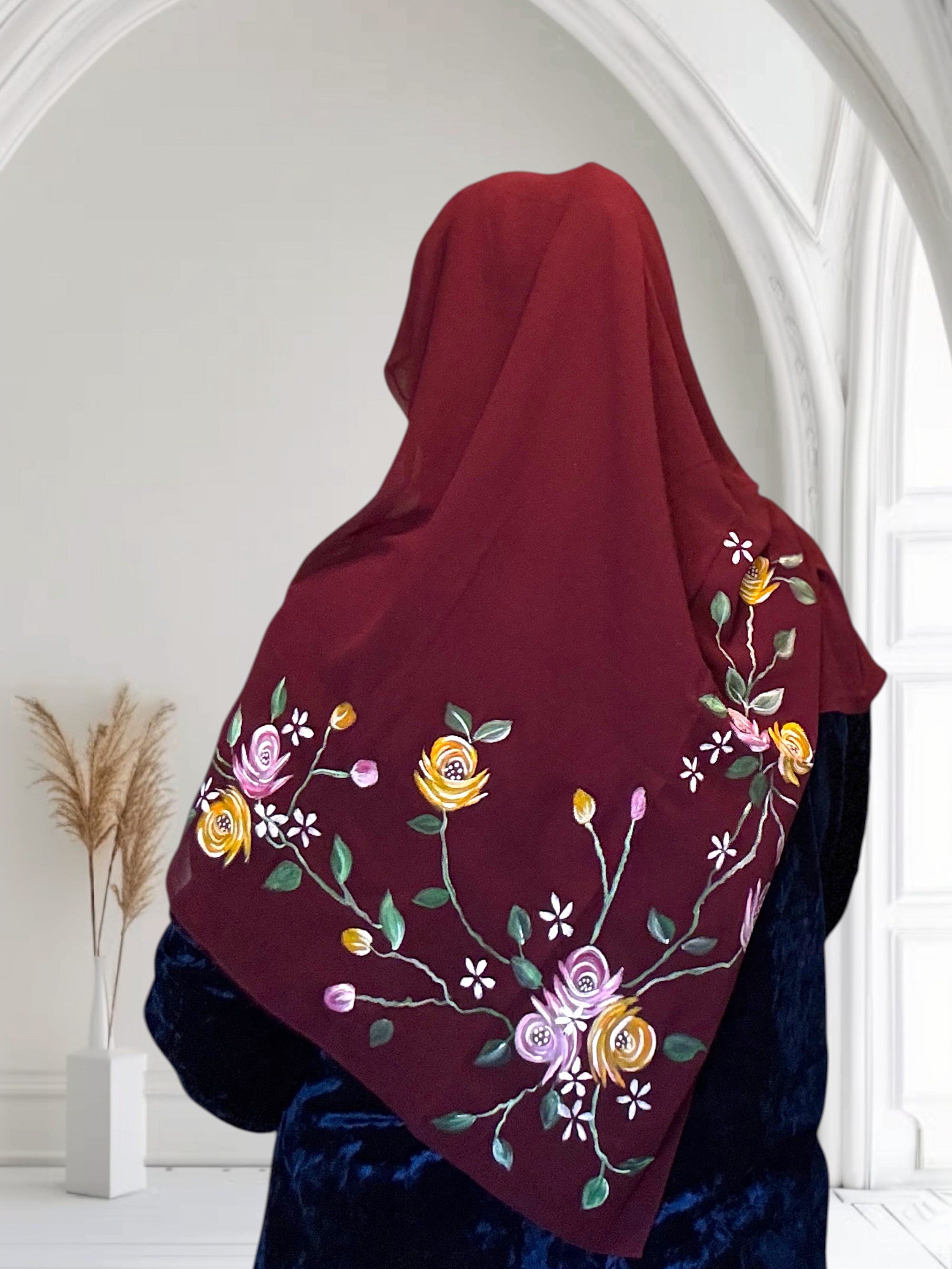 Hand-Painted Chiffon & Georgette Scarf, Mauve, Silver Grey & Maroon