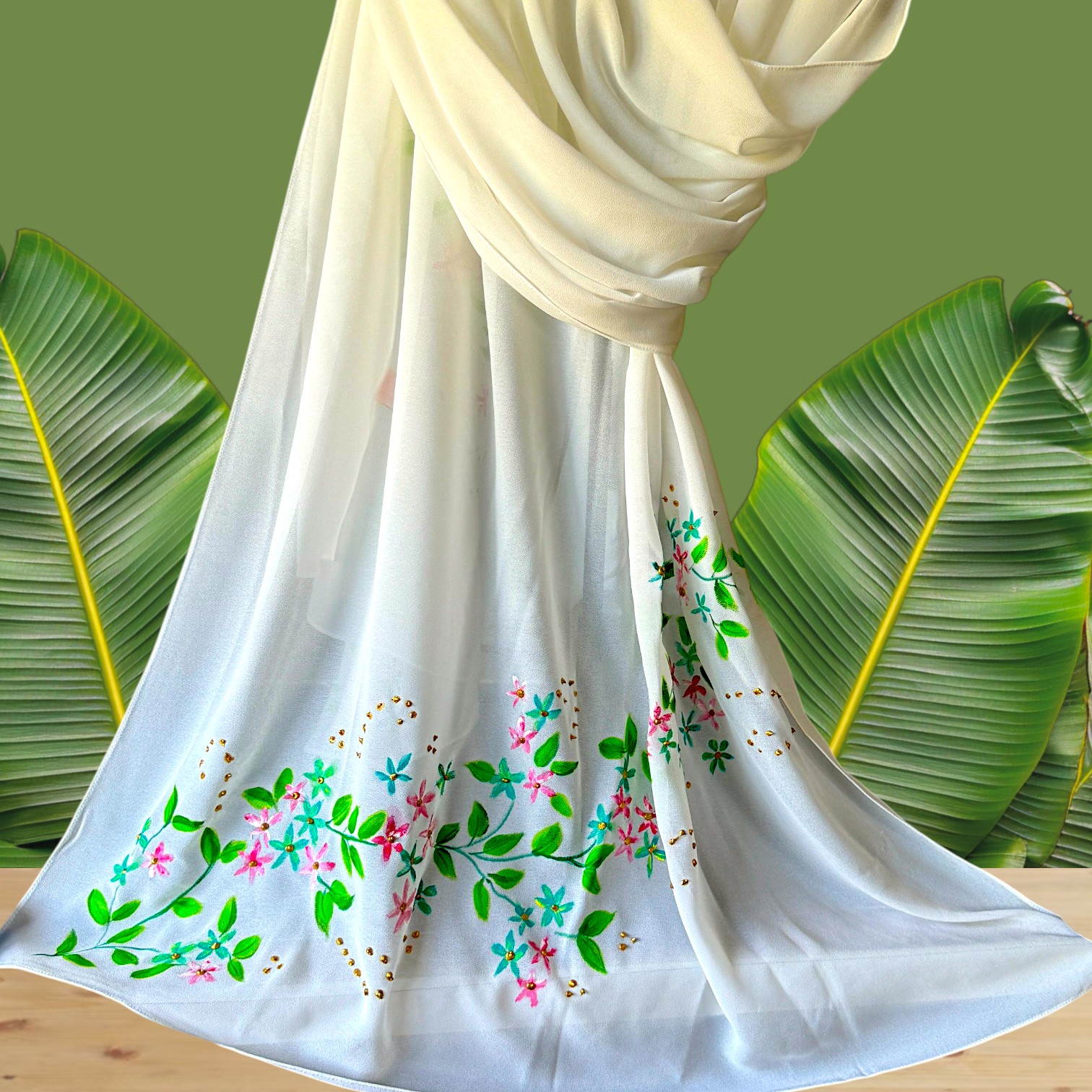 Hand-Painted White Chiffon Hijab Available in White and Off White
