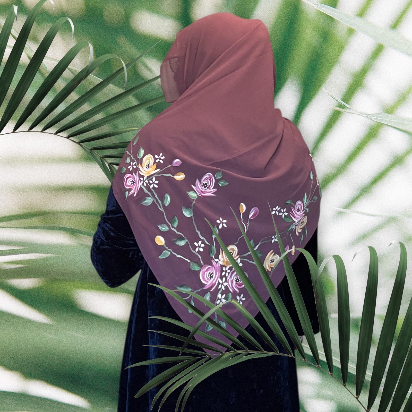 Hand-Painted Chiffon & Georgette Scarf, Mauve, Silver Grey & Maroon